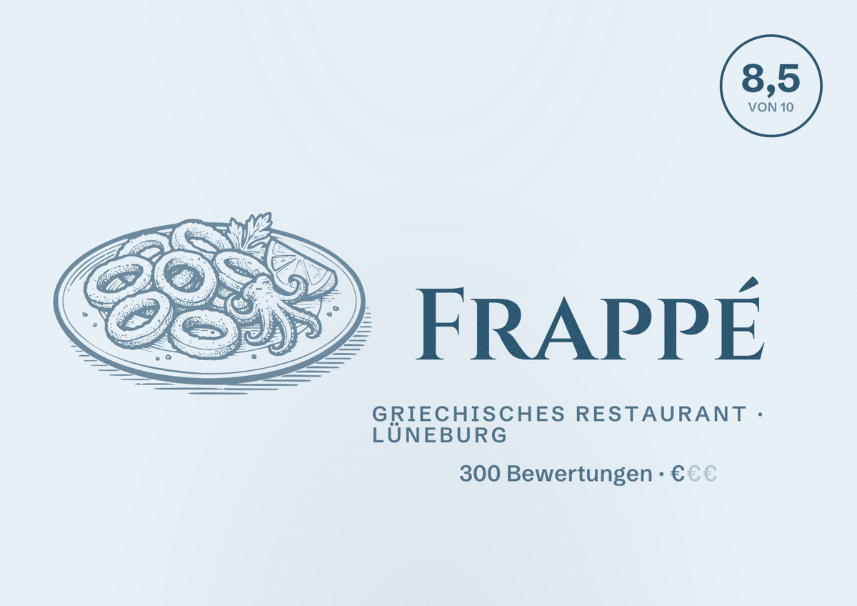 Illustriertes Poster von Frappé, Griechisches Restaurant in Lüneburg: Bewertung 8,5 von 10 aus 300 Bewertungen, Preisniveau €