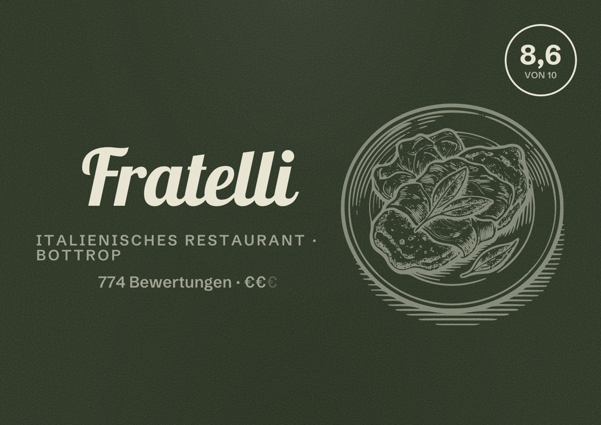 Illustriertes Poster von Fratelli, Italienisches Restaurant in Bottrop: Bewertung 8,6 von 10 aus 774 Bewertungen, Preisniveau €€