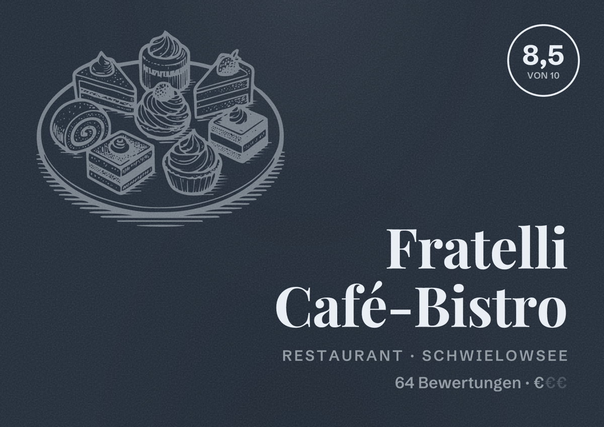 Illustriertes Poster von Fratelli Café-Bistro, Restaurant in Schwielowsee: Bewertung 8,5 von 10 aus 64 Bewertungen, Preisniveau €