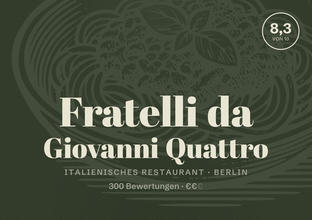 Illustriertes Poster von Fratelli da Giovanni Quattro, Italienisches Restaurant in Berlin: Bewertung 8,3 von 10 aus 300 Bewertungen, Preisniveau €€