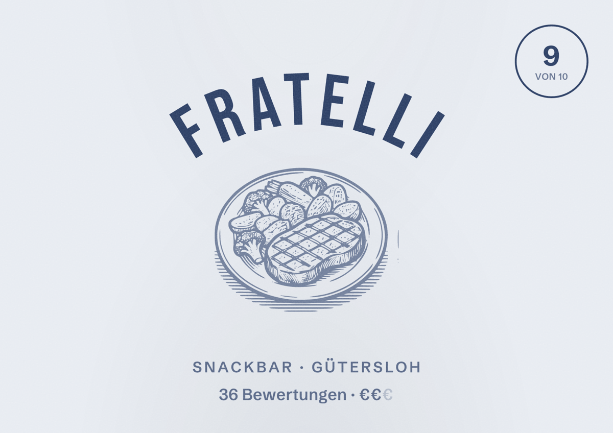 Illustriertes Poster von FRATELLI, Snackbar in Gütersloh: Bewertung 9 von 10 aus 36 Bewertungen, Preisniveau €€