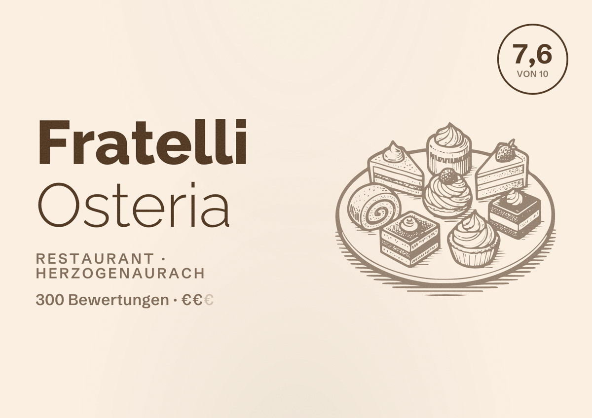 Illustriertes Poster von Fratelli Osteria, Restaurant in Herzogenaurach: Bewertung 7,6 von 10 aus 300 Bewertungen, Preisniveau €€