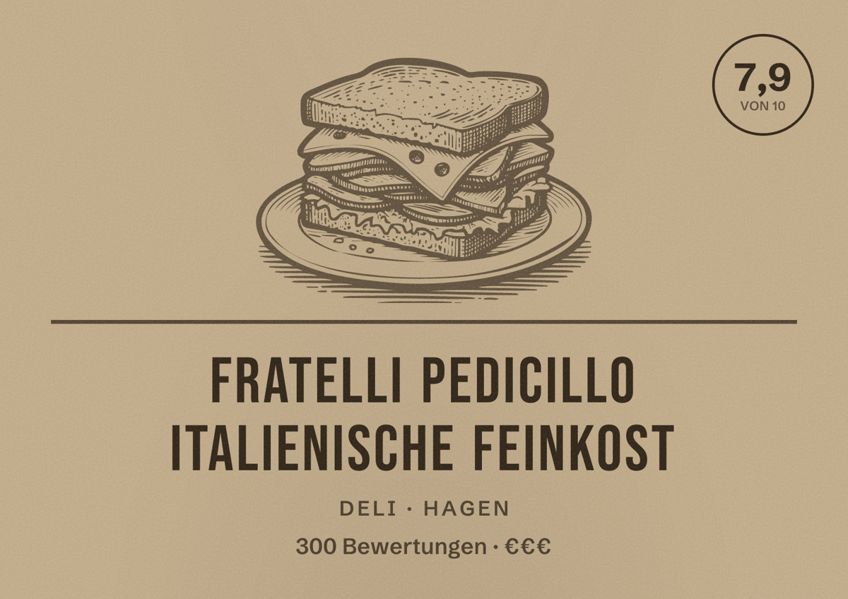 Illustriertes Poster von Fratelli Pedicillo italienische Feinkost, Deli in Hagen: Bewertung 7,9 von 10 aus 300 Bewertungen, Preisniveau €€€