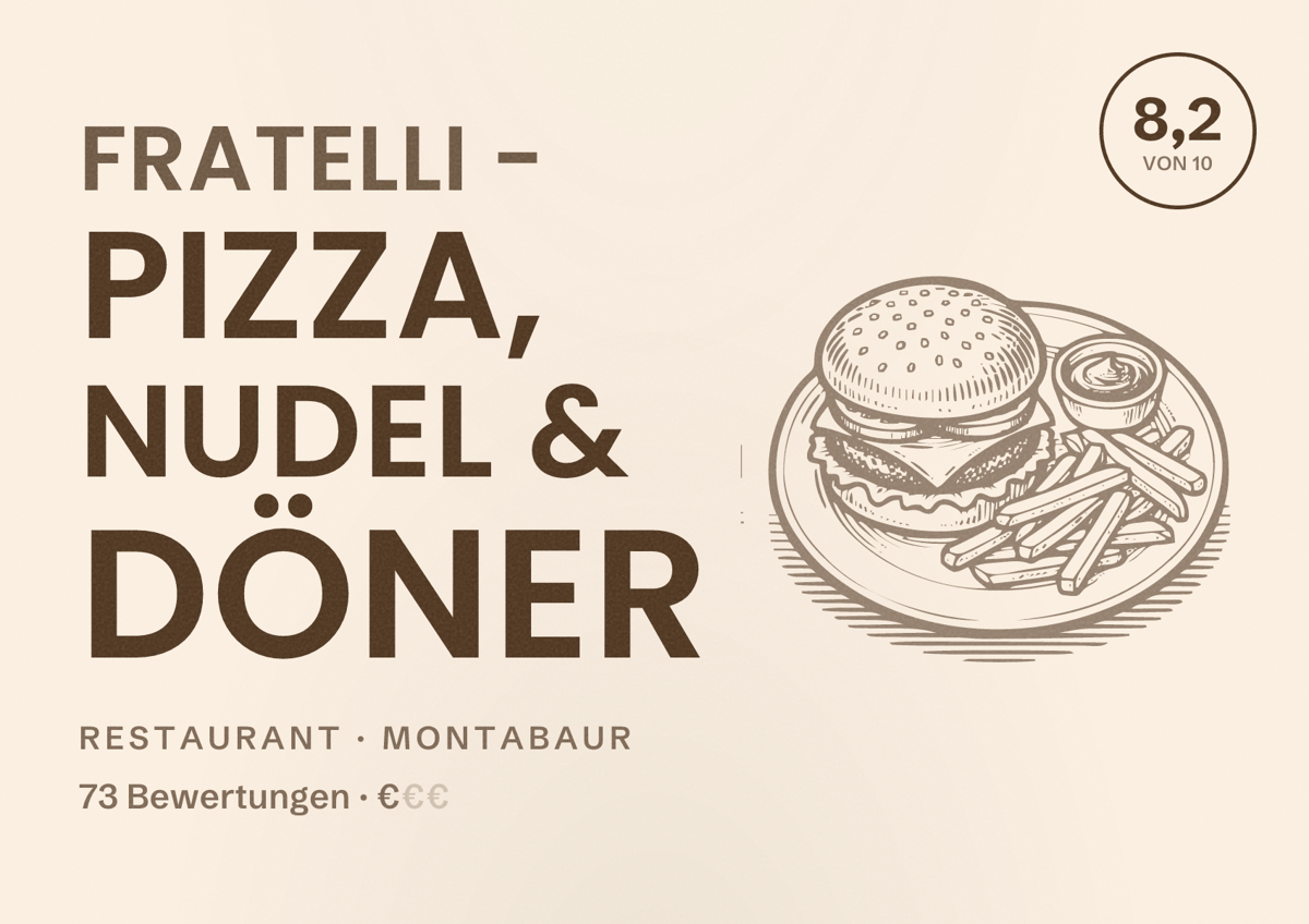 Illustriertes Poster von FRATELLI - Pizza, Nudel & Döner, Restaurant in Montabaur: Bewertung 8,2 von 10 aus 73 Bewertungen, Preisniveau €