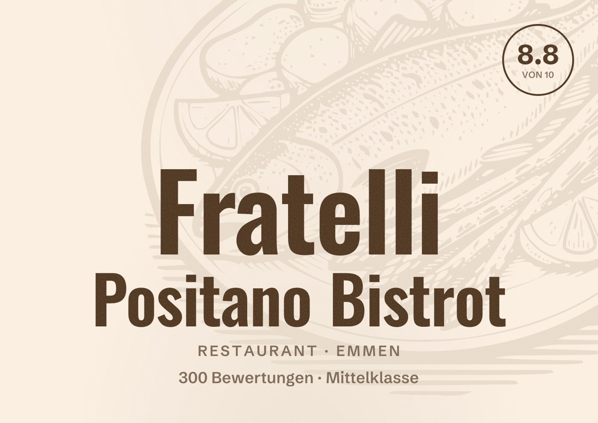 Illustriertes Poster von Fratelli Positano Bistrot, Restaurant in Emmen: Bewertung 8.8 von 10 aus 300 Bewertungen, Preisniveau Mittelklasse