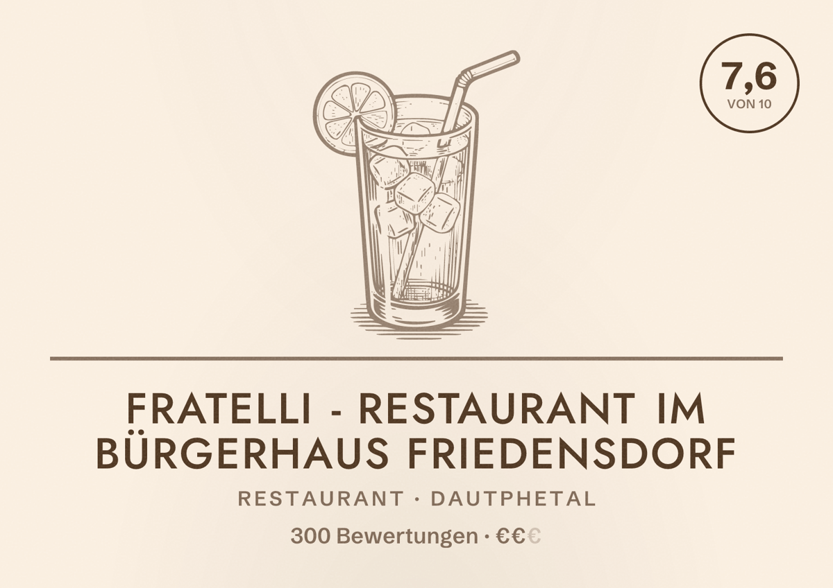 Illustriertes Poster von Fratelli - Restaurant im Bürgerhaus Friedensdorf, Restaurant in Dautphetal: Bewertung 7,6 von 10 aus 300 Bewertungen, Preisniveau €€