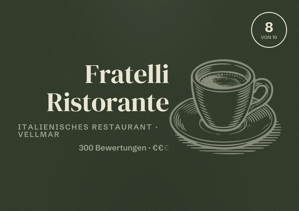 Illustriertes Poster von Fratelli Ristorante, Italienisches Restaurant in Vellmar: Bewertung 8 von 10 aus 300 Bewertungen, Preisniveau €€
