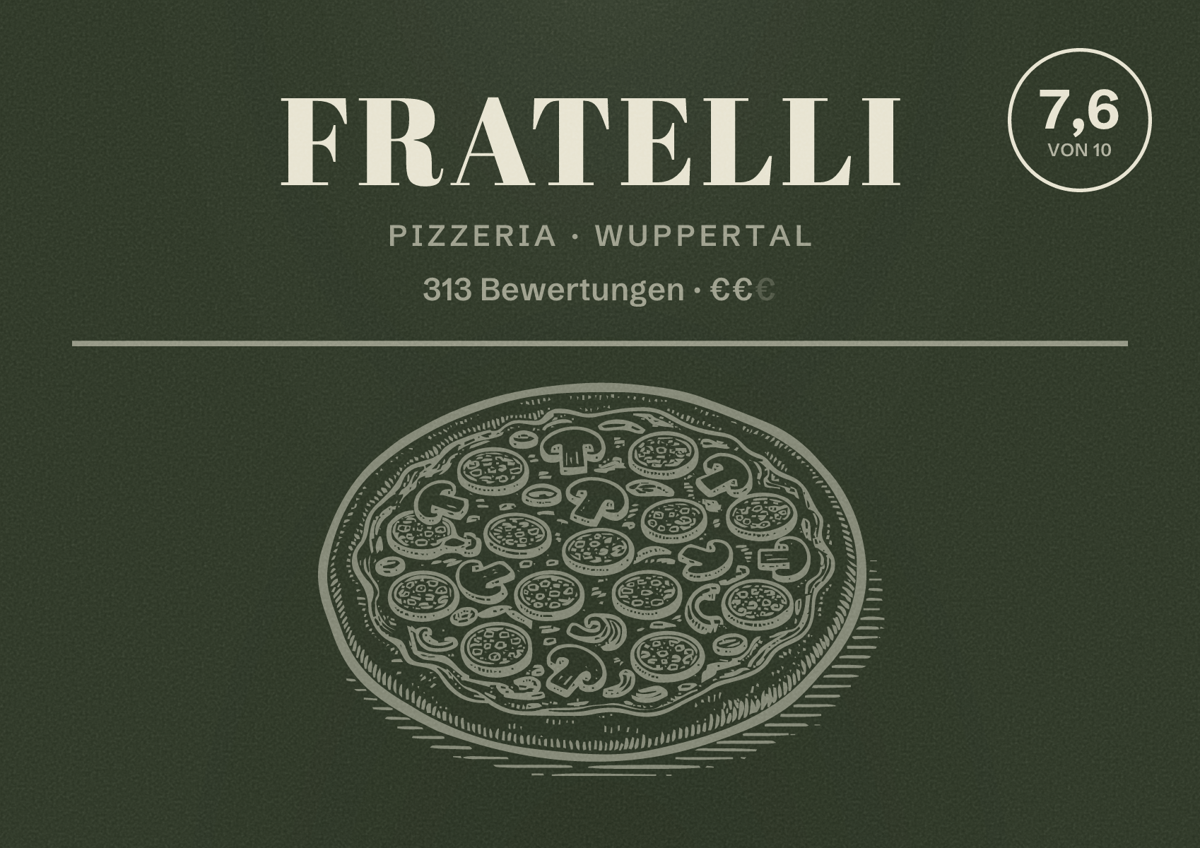 Illustriertes Poster von Fratelli, Pizzeria in Wuppertal: Bewertung 7,6 von 10 aus 313 Bewertungen, Preisniveau €€