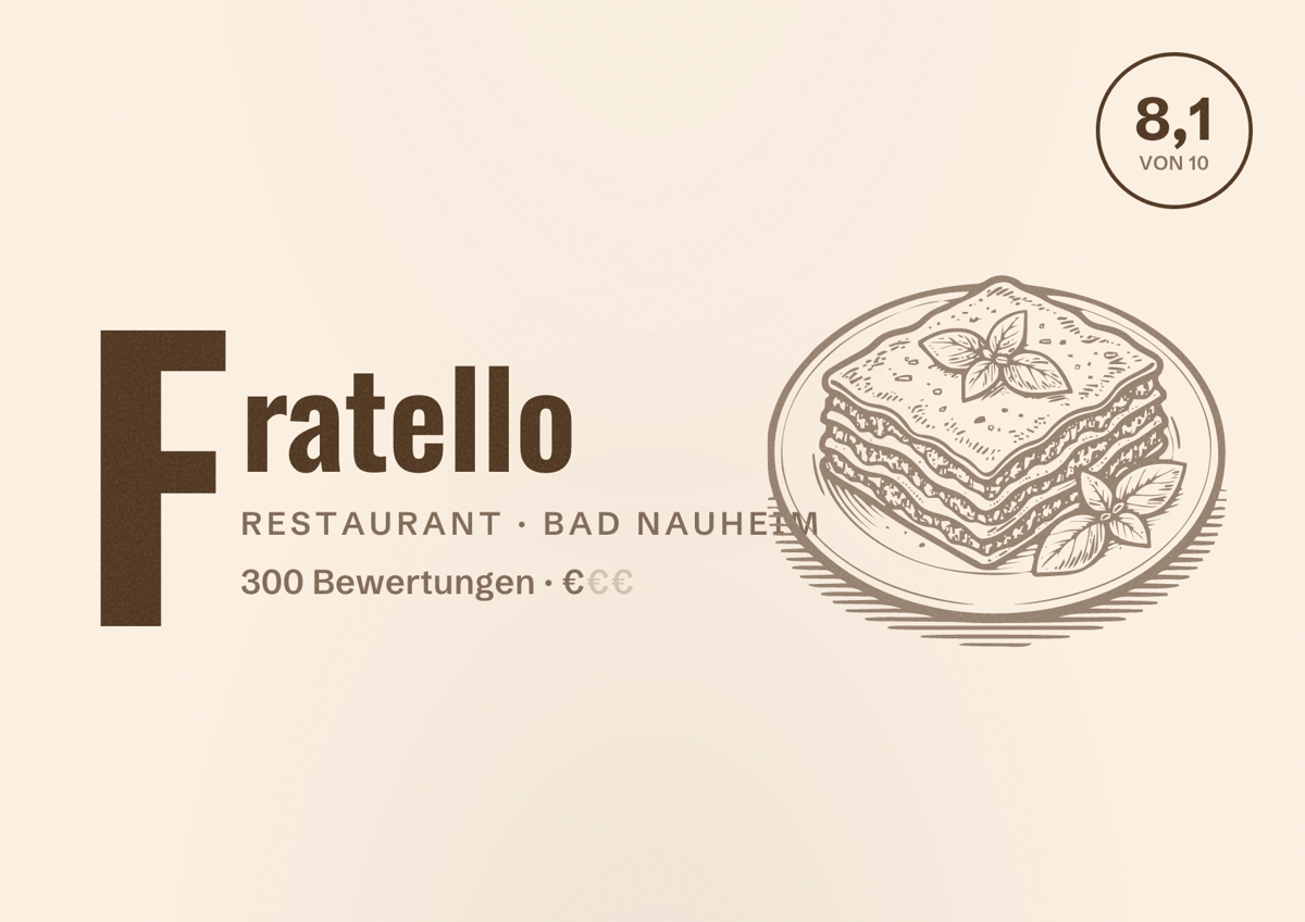 Illustriertes Poster von Fratello, Restaurant in Bad Nauheim: Bewertung 8,1 von 10 aus 300 Bewertungen, Preisniveau €