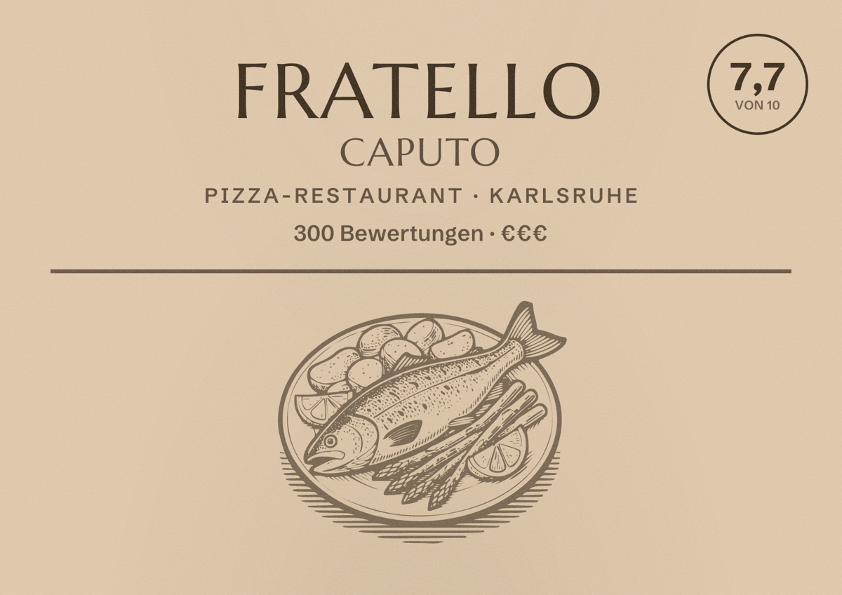Illustriertes Poster von Fratello Caputo, Pizza-Restaurant in Karlsruhe: Bewertung 7,7 von 10 aus 300 Bewertungen, Preisniveau €€€