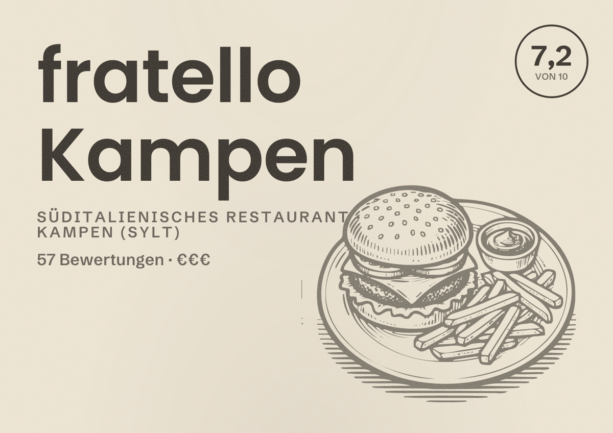 Illustriertes Poster von fratello Kampen, Süditalienisches Restaurant in Kampen (Sylt): Bewertung 7,2 von 10 aus 57 Bewertungen, Preisniveau €€€