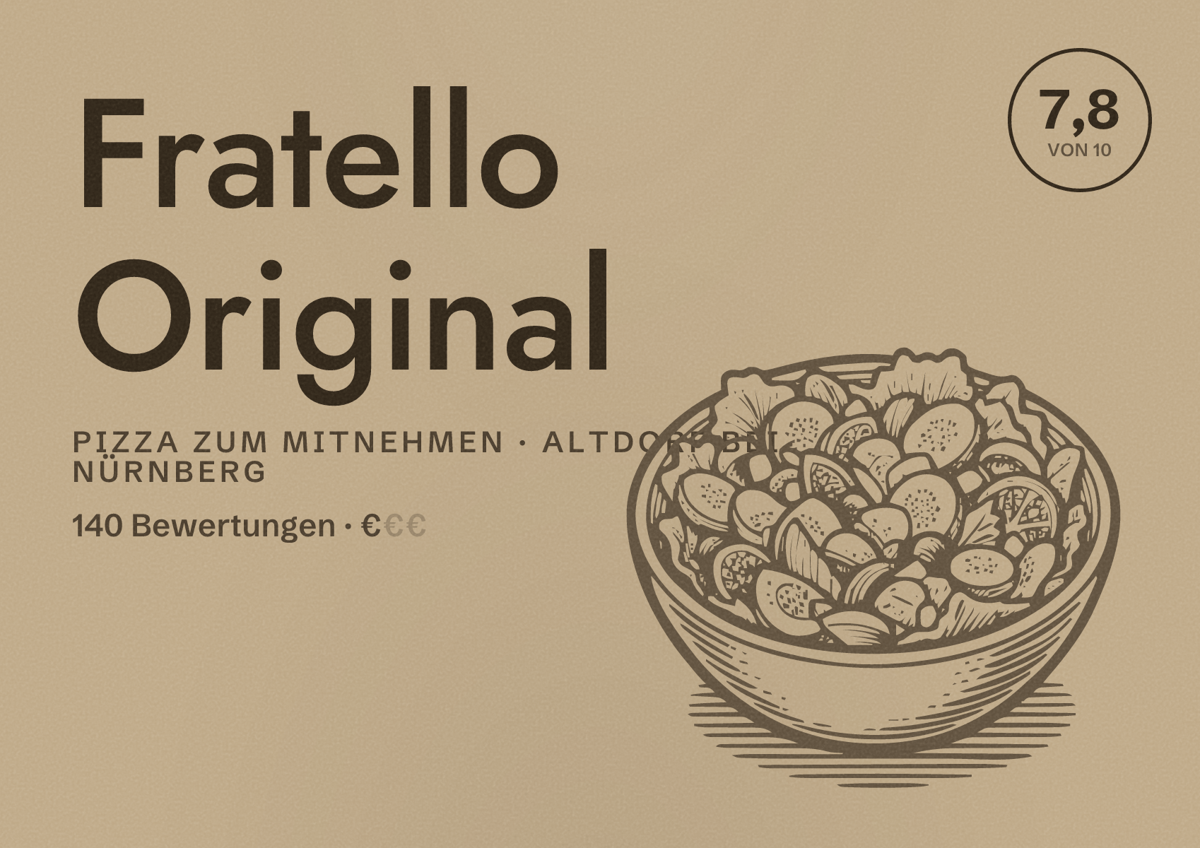 Illustriertes Poster von Fratello Original, Pizza zum Mitnehmen in Altdorf bei Nürnberg: Bewertung 7,8 von 10 aus 140 Bewertungen, Preisniveau €