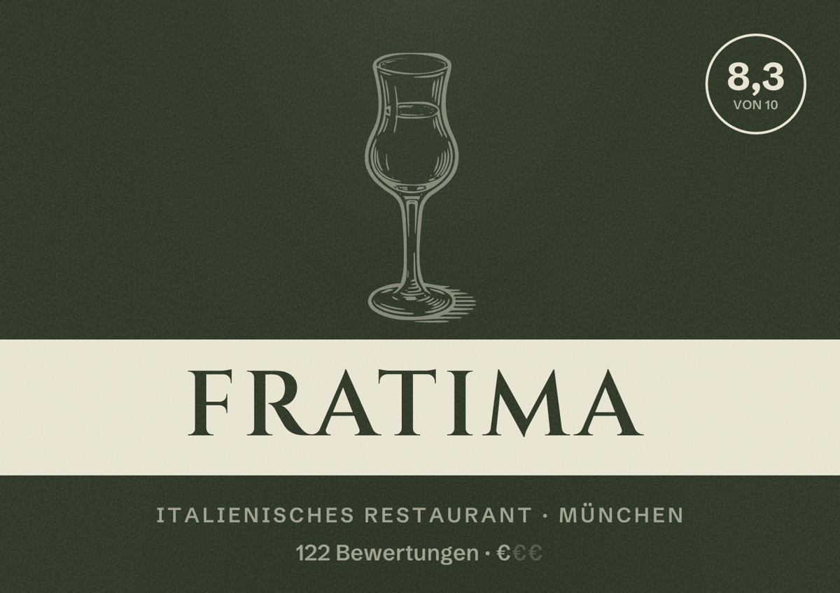 Illustriertes Poster von Fratima, Italienisches Restaurant in München: Bewertung 8,3 von 10 aus 122 Bewertungen, Preisniveau €