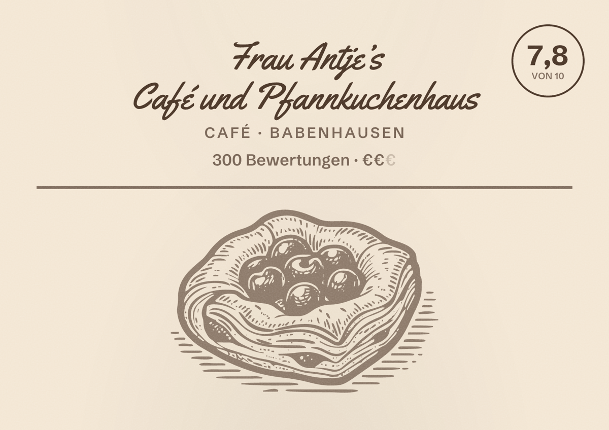 Illustriertes Poster von Frau Antje’s Café und Pfannkuchenhaus, Café in Babenhausen: Bewertung 7,8 von 10 aus 300 Bewertungen, Preisniveau €€