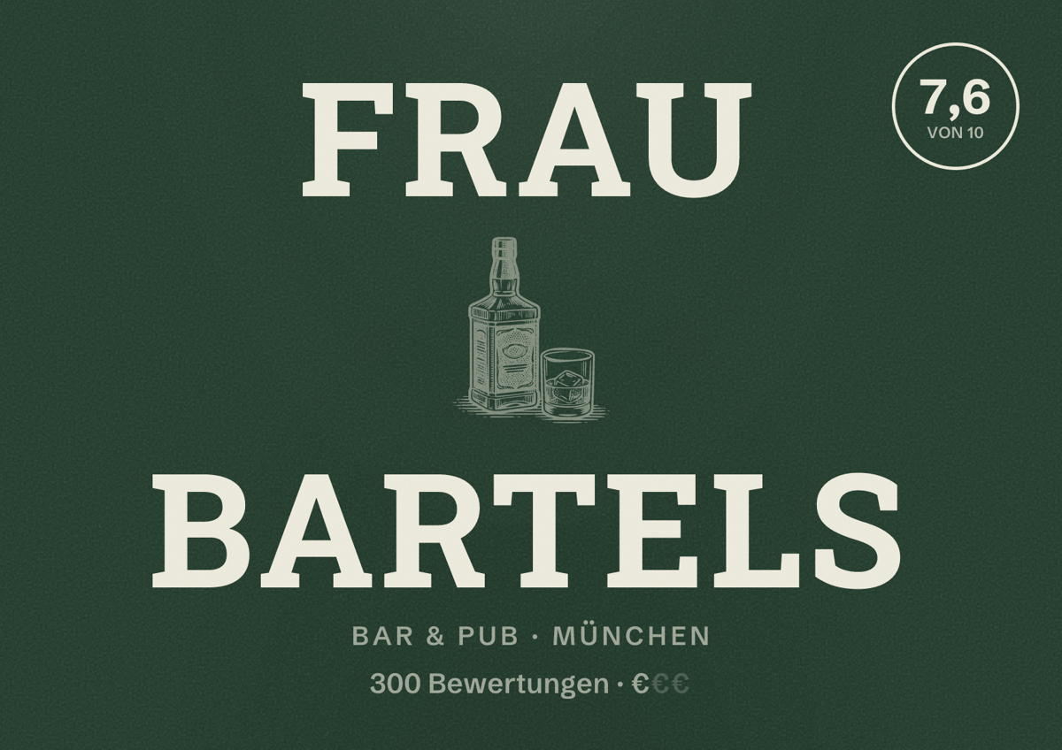 Illustriertes Poster von Frau Bartels, Bar & Pub in München: Bewertung 7,6 von 10 aus 300 Bewertungen, Preisniveau €