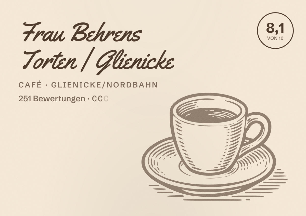 Illustriertes Poster von Frau Behrens Torten | Glienicke, Café in Glienicke/Nordbahn: Bewertung 8,1 von 10 aus 251 Bewertungen, Preisniveau €€
