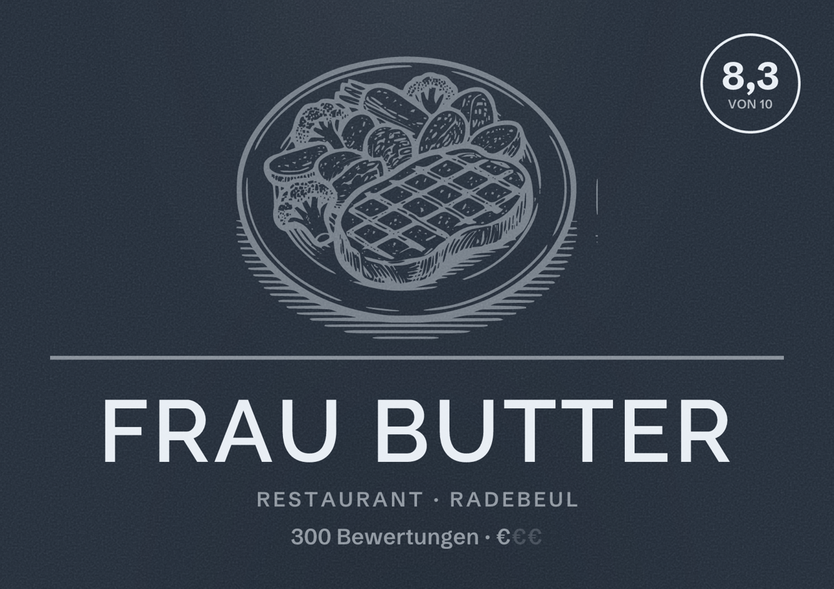 Illustriertes Poster von Frau Butter, Restaurant in Radebeul: Bewertung 8,3 von 10 aus 300 Bewertungen, Preisniveau €