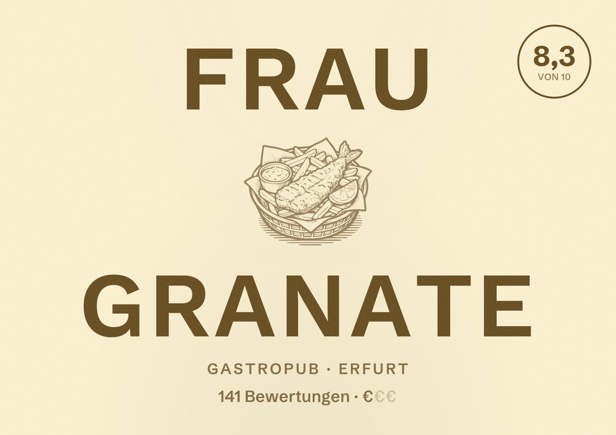 Illustriertes Poster von Frau Granate, Gastropub in Erfurt: Bewertung 8,3 von 10 aus 141 Bewertungen, Preisniveau €