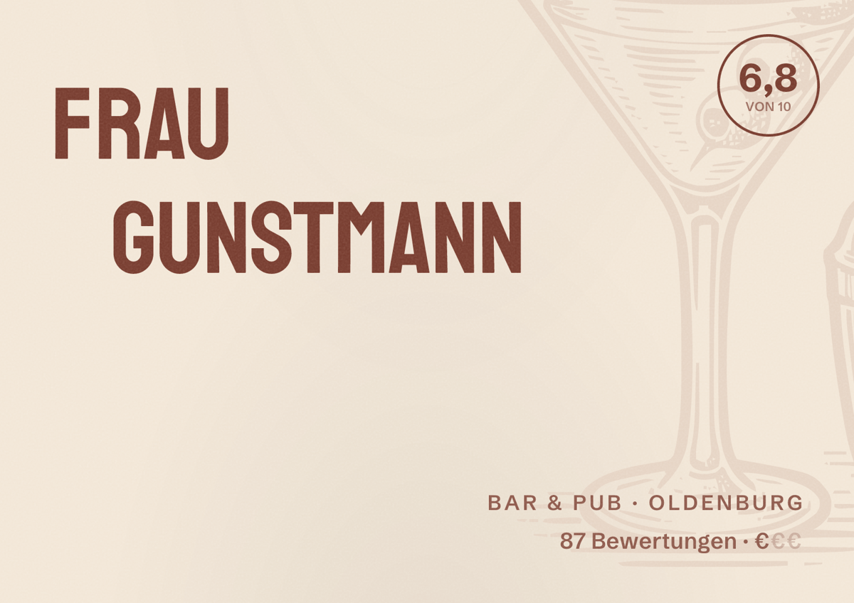 Illustriertes Poster von Frau Gunstmann, Bar & Pub in Oldenburg: Bewertung 6,8 von 10 aus 87 Bewertungen, Preisniveau €