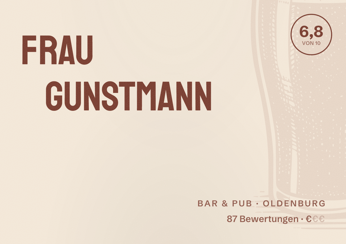 Illustriertes Poster von Frau Gunstmann, Bar & Pub in Oldenburg: Bewertung 6,8 von 10 aus 87 Bewertungen, Preisniveau €