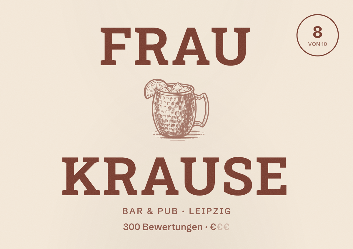 Illustriertes Poster von Frau Krause, Bar & Pub in Leipzig: Bewertung 8 von 10 aus 300 Bewertungen, Preisniveau €