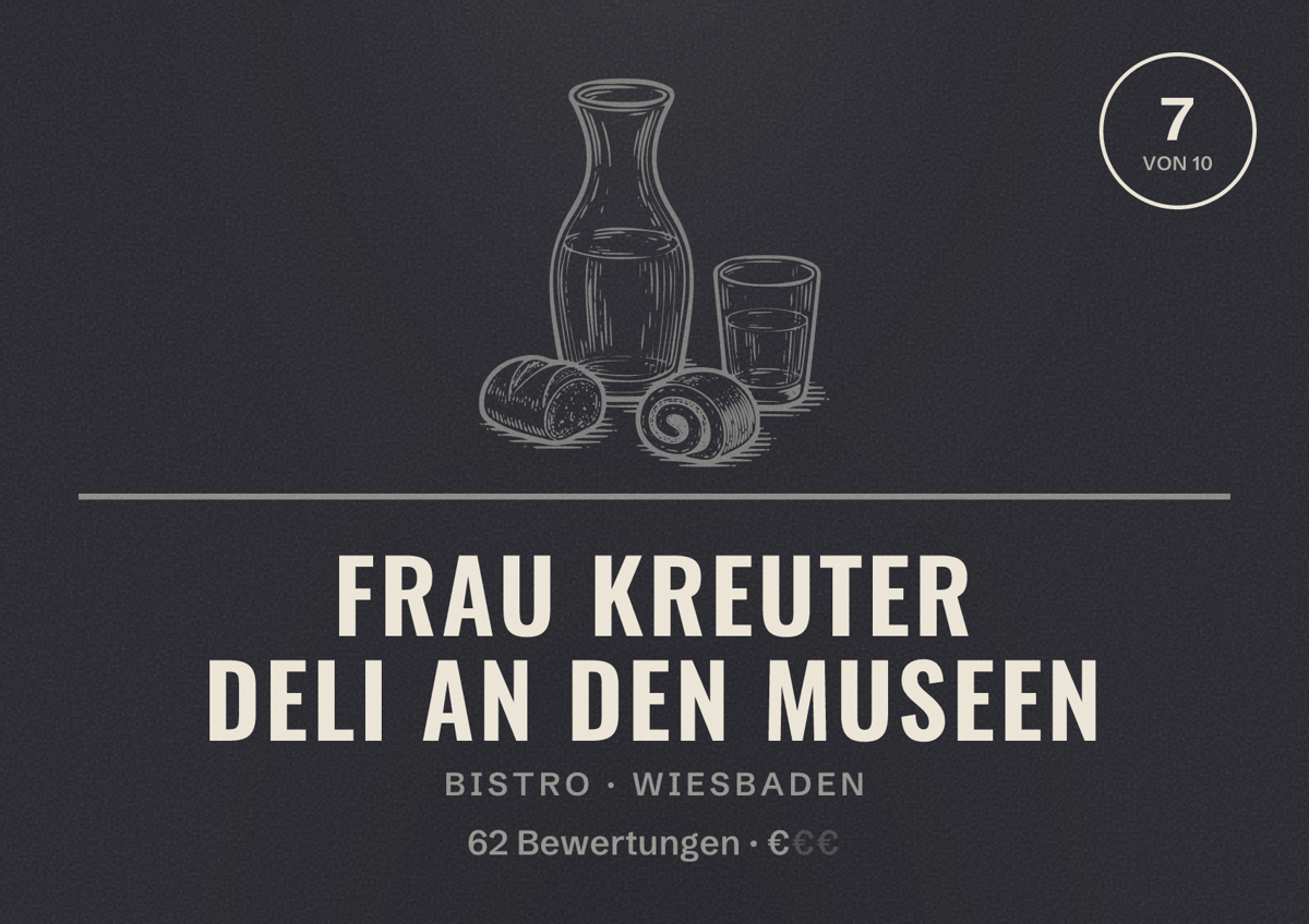 Illustriertes Poster von Frau Kreuter Deli an den Museen, Bistro in Wiesbaden: Bewertung 7,0 von 10 aus 62 Bewertungen, Preisniveau €