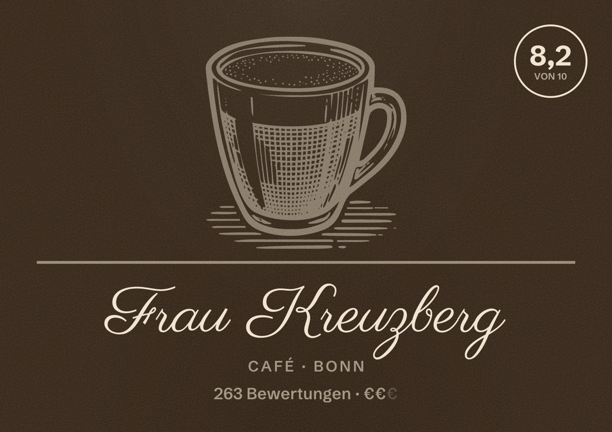 Illustriertes Poster von Frau Kreuzberg, Café in Bonn: Bewertung 8,2 von 10 aus 263 Bewertungen, Preisniveau €€