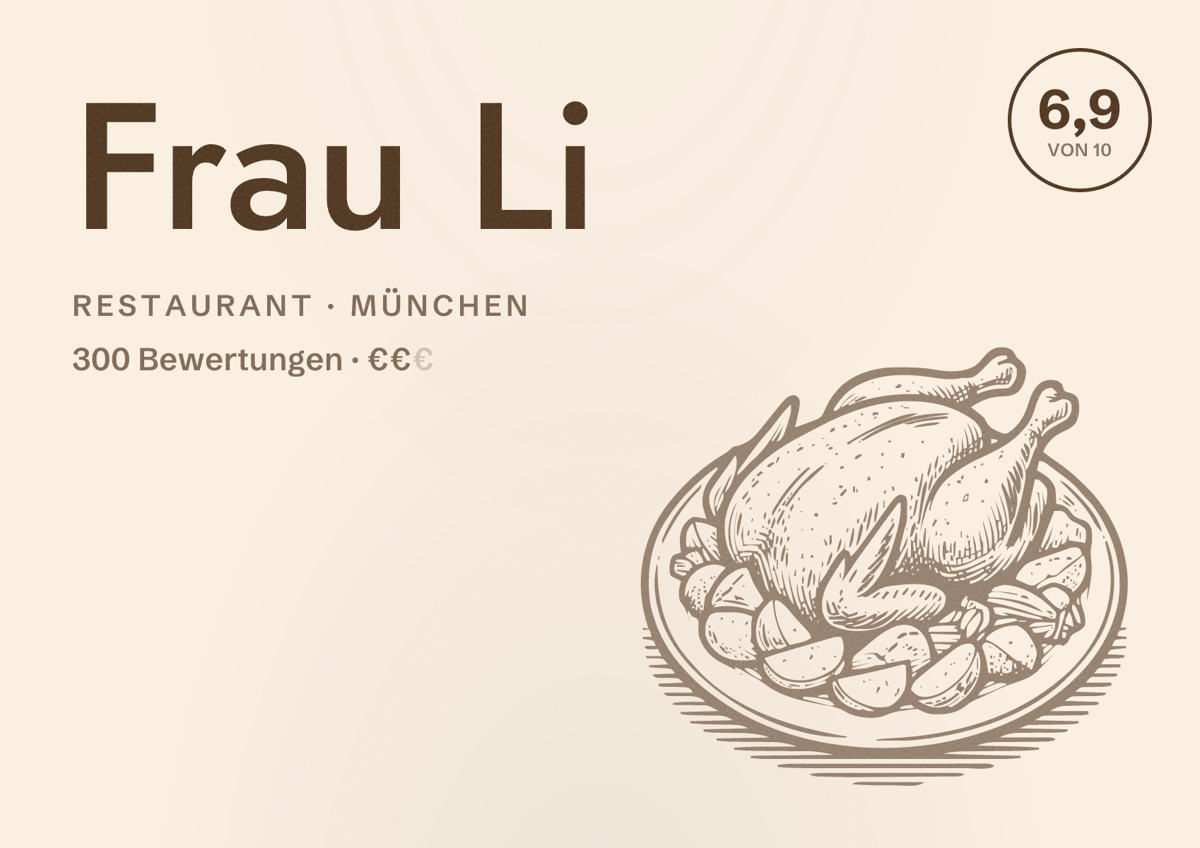 Illustriertes Poster von Frau Li, Restaurant in München: Bewertung 6,9 von 10 aus 300 Bewertungen, Preisniveau €€