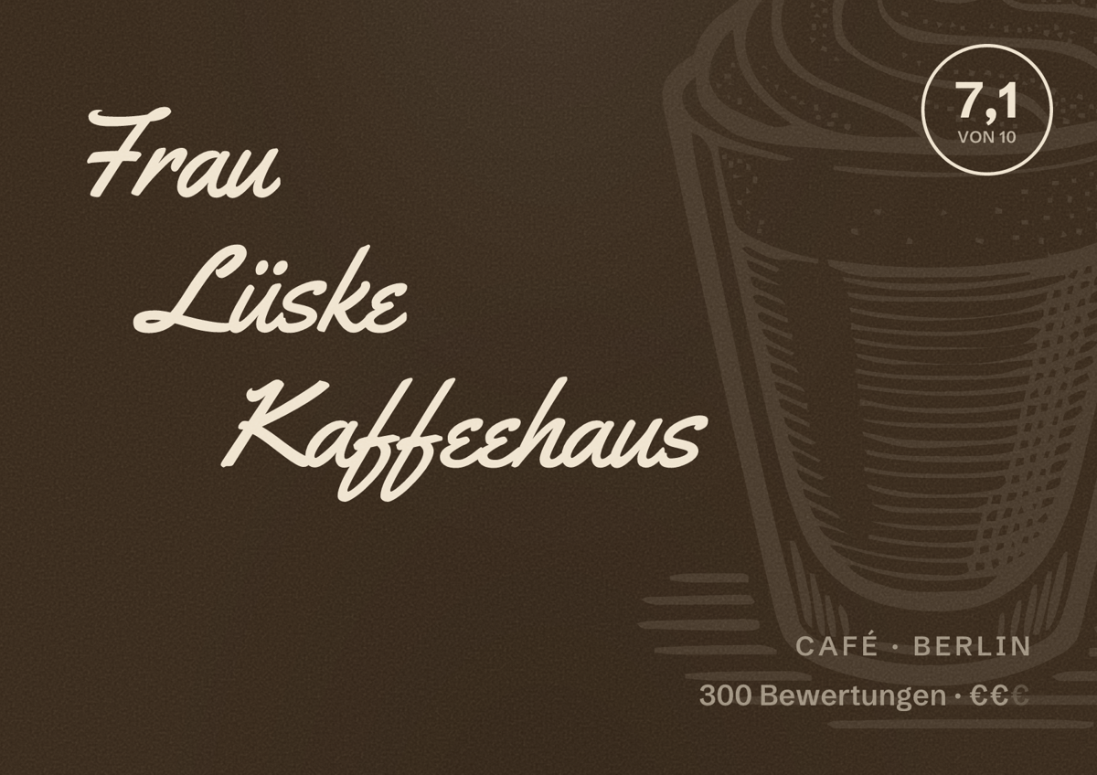 Illustriertes Poster von Frau Lüske Kaffeehaus, Café in Berlin: Bewertung 7,1 von 10 aus 300 Bewertungen, Preisniveau €€