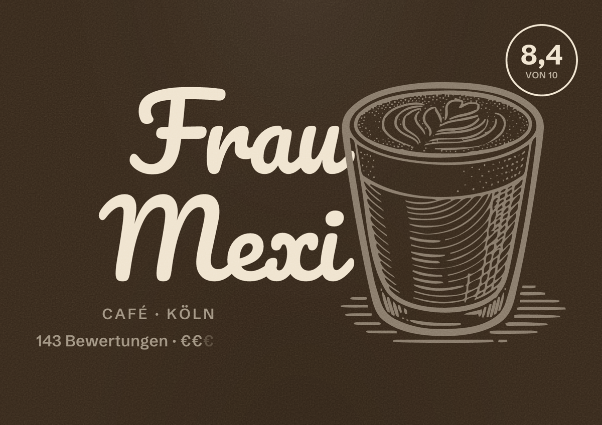 Illustriertes Poster von Frau Mexi, Café in Köln: Bewertung 8,4 von 10 aus 143 Bewertungen, Preisniveau €€