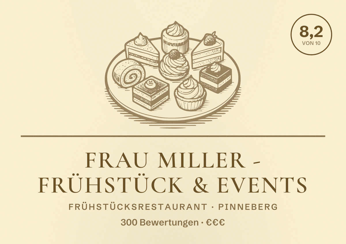 Illustriertes Poster von FRAU MILLER - Frühstück & Events, Frühstücksrestaurant in Pinneberg: Bewertung 8,2 von 10 aus 300 Bewertungen, Preisniveau €€€