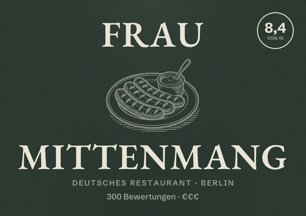 Illustriertes Poster von Frau Mittenmang, Deutsches Restaurant in Berlin: Bewertung 8,4 von 10 aus 300 Bewertungen, Preisniveau €€€