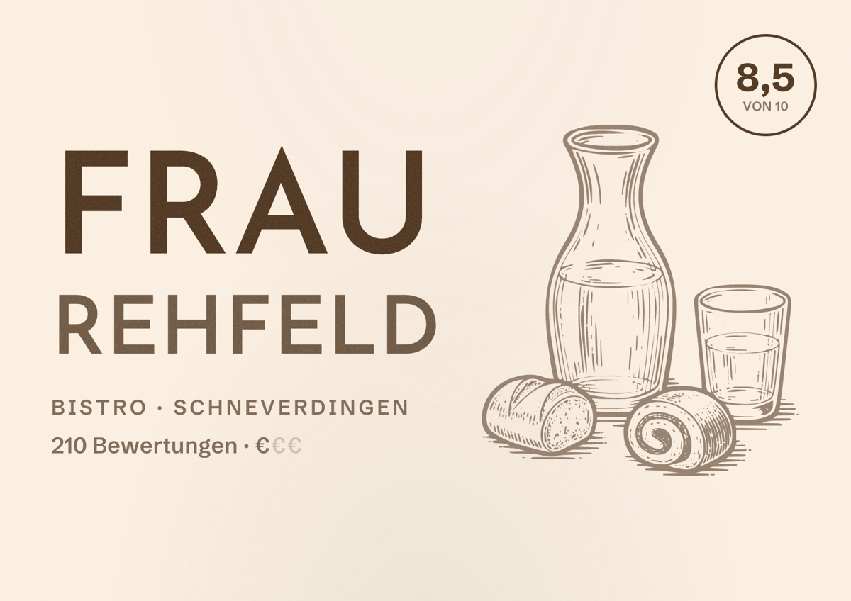Illustriertes Poster von Frau Rehfeld, Bistro in Schneverdingen: Bewertung 8,5 von 10 aus 210 Bewertungen, Preisniveau €