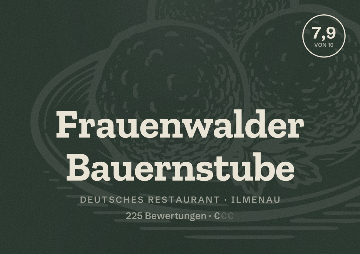 Illustriertes Poster von Frauenwalder Bauernstube, Deutsches Restaurant in Ilmenau: Bewertung 7,9 von 10 aus 225 Bewertungen, Preisniveau €
