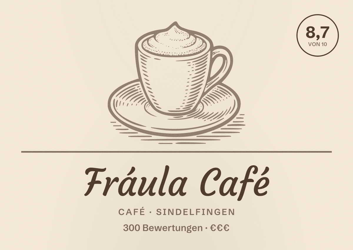 Illustriertes Poster von Fráula Café, Café in Sindelfingen: Bewertung 8,7 von 10 aus 300 Bewertungen, Preisniveau €€€