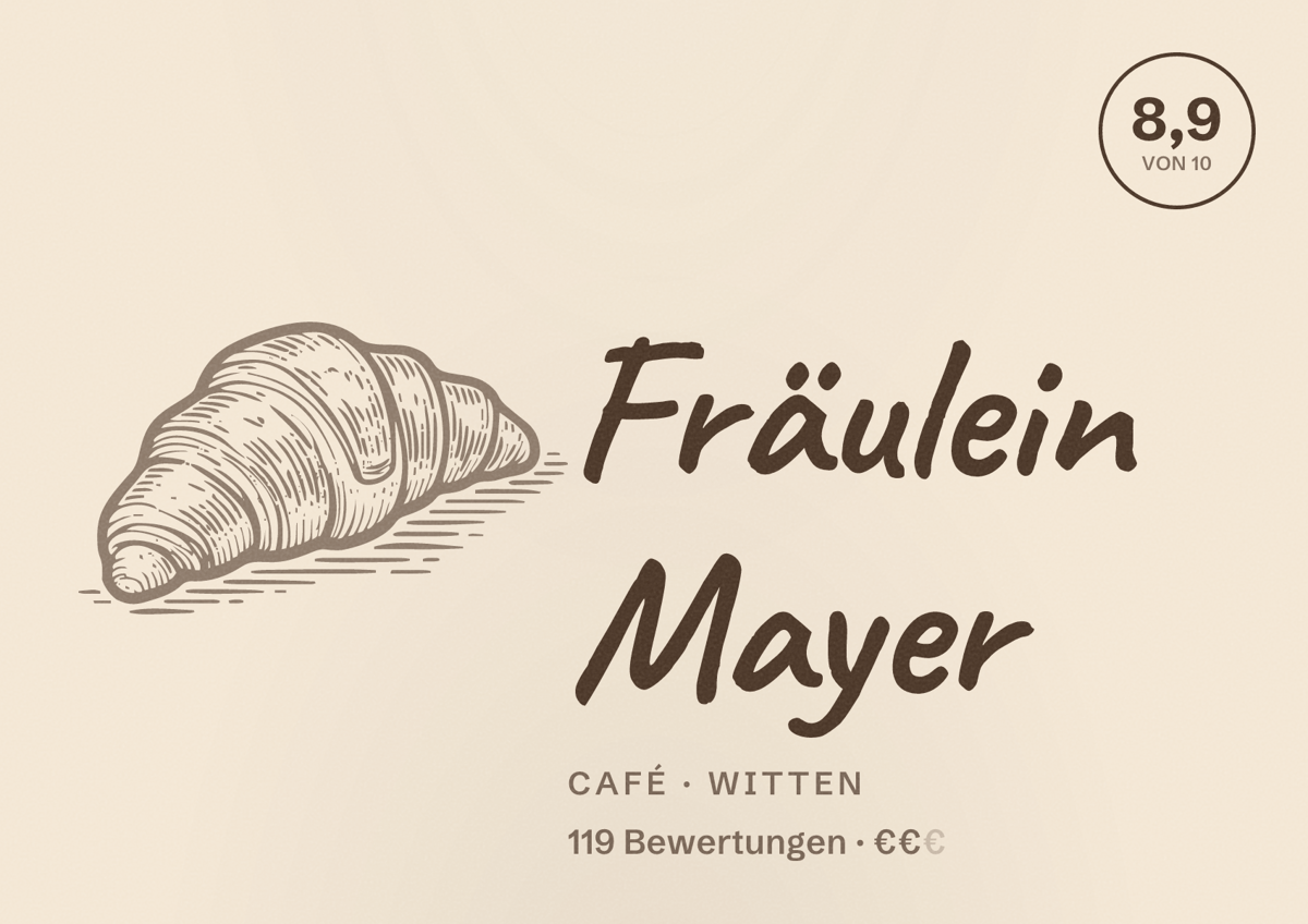 Illustriertes Poster von Fräulein Mayer, Café in Witten: Bewertung 8,9 von 10 aus 119 Bewertungen, Preisniveau €€