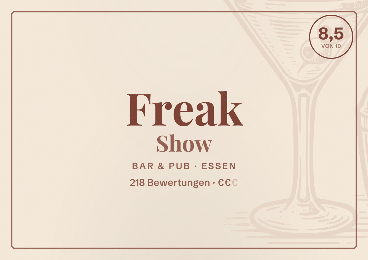 Illustriertes Poster von Freak Show, Bar & Pub in Essen: Bewertung 8,5 von 10 aus 218 Bewertungen, Preisniveau €€