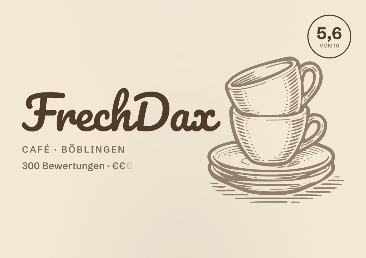 Illustriertes Poster von FrechDax, Café in Böblingen: Bewertung 5,6 von 10 aus 300 Bewertungen, Preisniveau €€