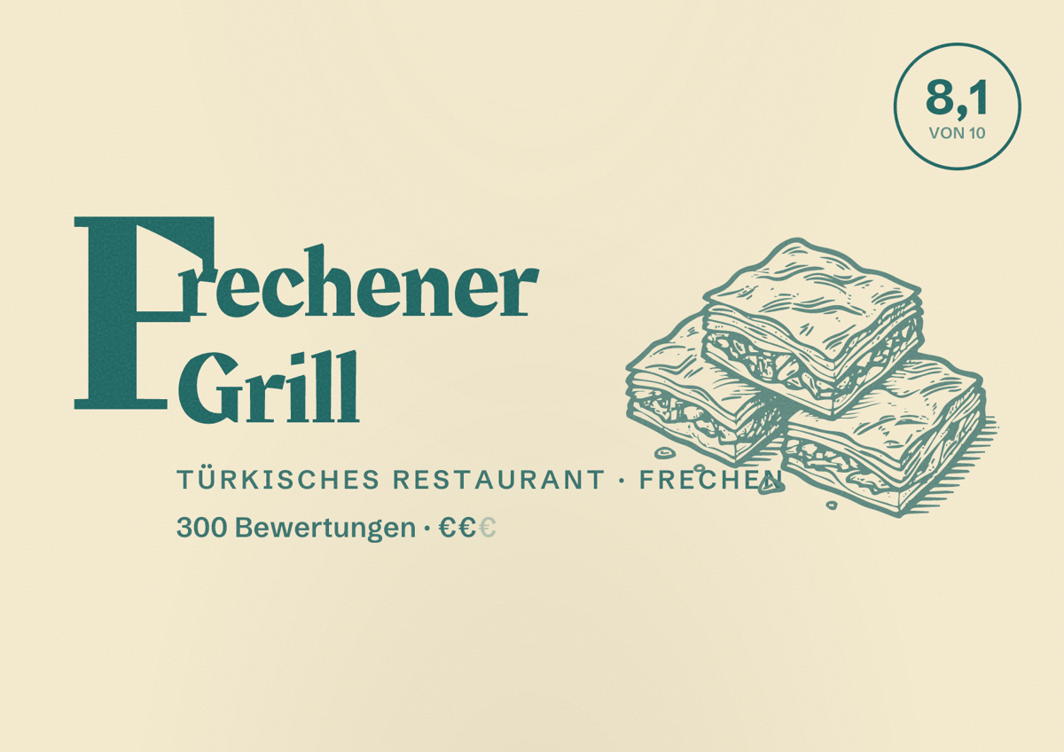 Illustriertes Poster von Frechener Grill, Türkisches Restaurant in Frechen: Bewertung 8,1 von 10 aus 300 Bewertungen, Preisniveau €€