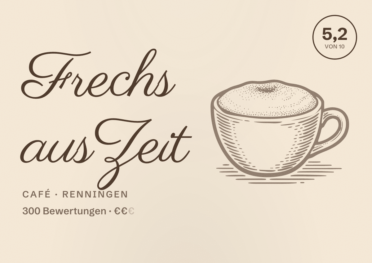 Illustriertes Poster von Frechs ausZeit, Café in Renningen: Bewertung 5,2 von 10 aus 300 Bewertungen, Preisniveau €€