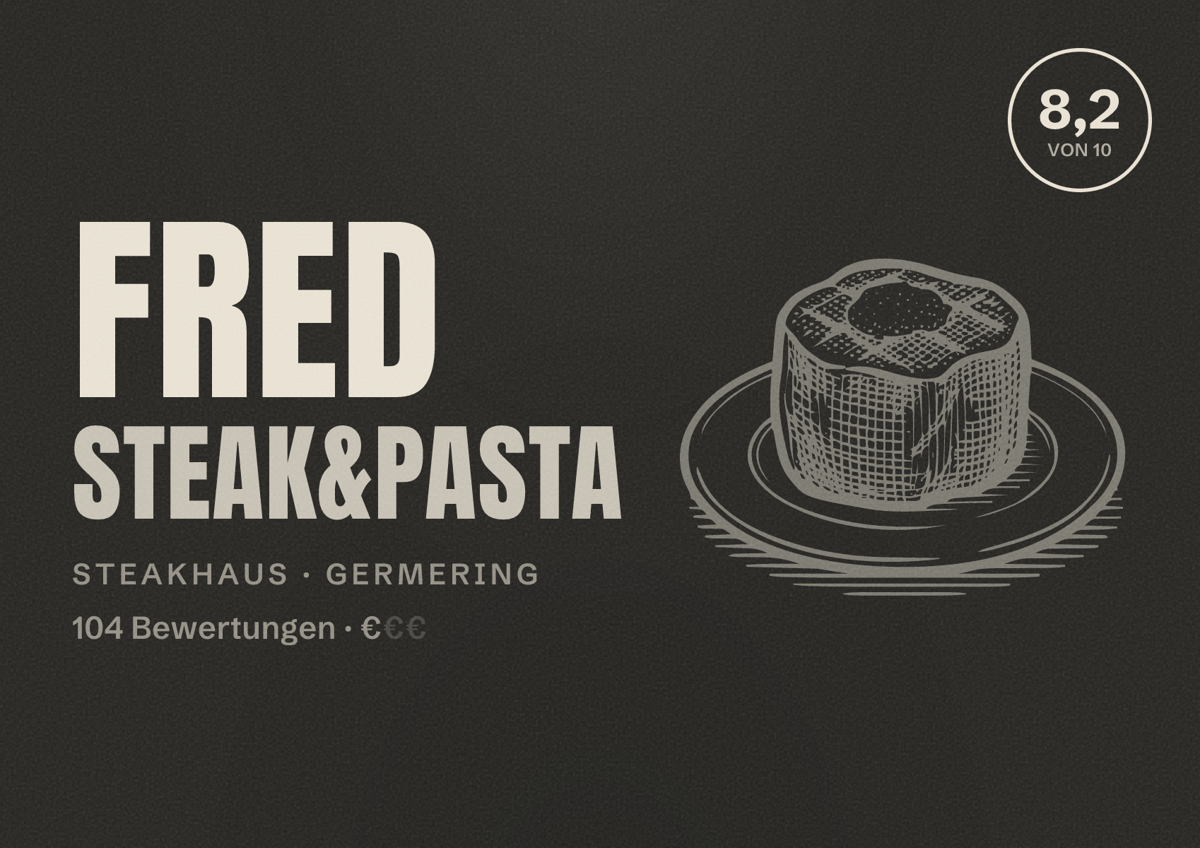 Illustriertes Poster von Fred Steak&Pasta, Steakhaus in Germering: Bewertung 8,2 von 10 aus 104 Bewertungen, Preisniveau €