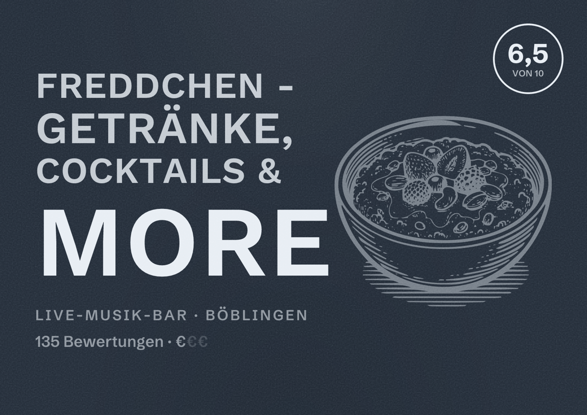 Illustriertes Poster von Freddchen - Getränke, Cocktails & more, Live-Musik-Bar in Böblingen: Bewertung 6,5 von 10 aus 135 Bewertungen, Preisniveau €