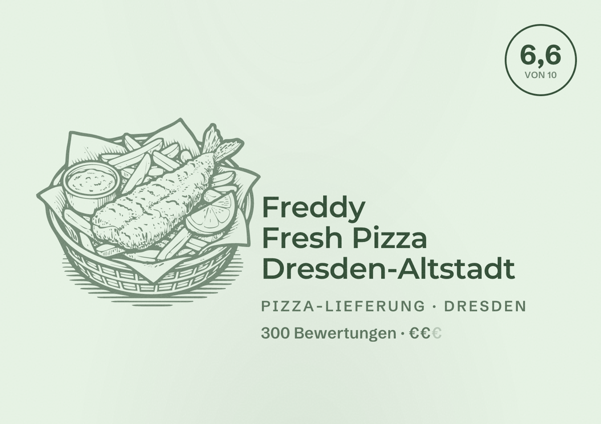 Illustriertes Poster von Freddy Fresh Pizza Dresden-Altstadt, Pizza-Lieferung in Dresden: Bewertung 6,6 von 10 aus 300 Bewertungen, Preisniveau €€