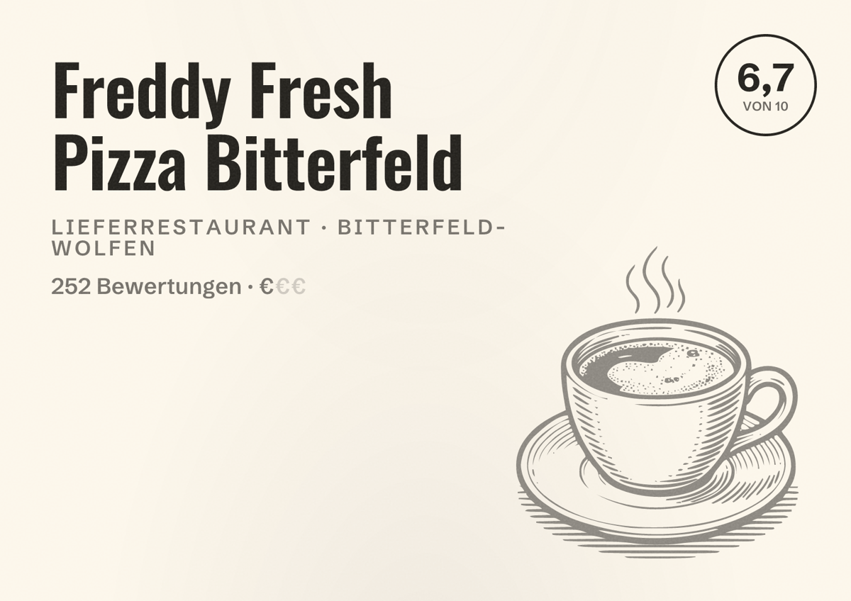 Illustriertes Poster von Freddy Fresh Pizza Bitterfeld, Lieferrestaurant in Bitterfeld-Wolfen: Bewertung 6,7 von 10 aus 252 Bewertungen, Preisniveau €