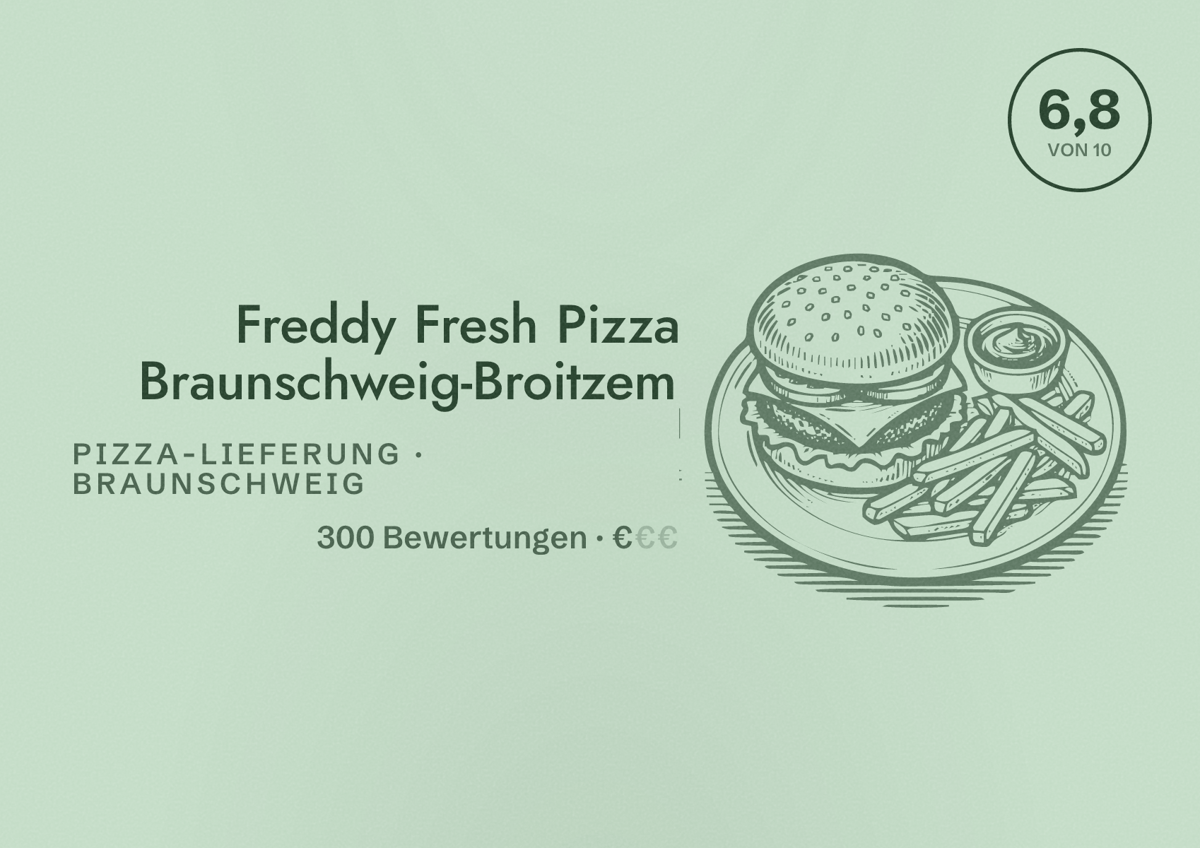 Illustriertes Poster von Freddy Fresh Pizza Braunschweig-Broitzem, Pizza-Lieferung in Braunschweig: Bewertung 6,8 von 10 aus 300 Bewertungen, Preisniveau €