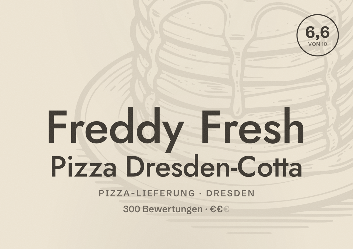 Illustriertes Poster von Freddy Fresh Pizza Dresden-Cotta, Pizza-Lieferung in Dresden: Bewertung 6,6 von 10 aus 300 Bewertungen, Preisniveau €€
