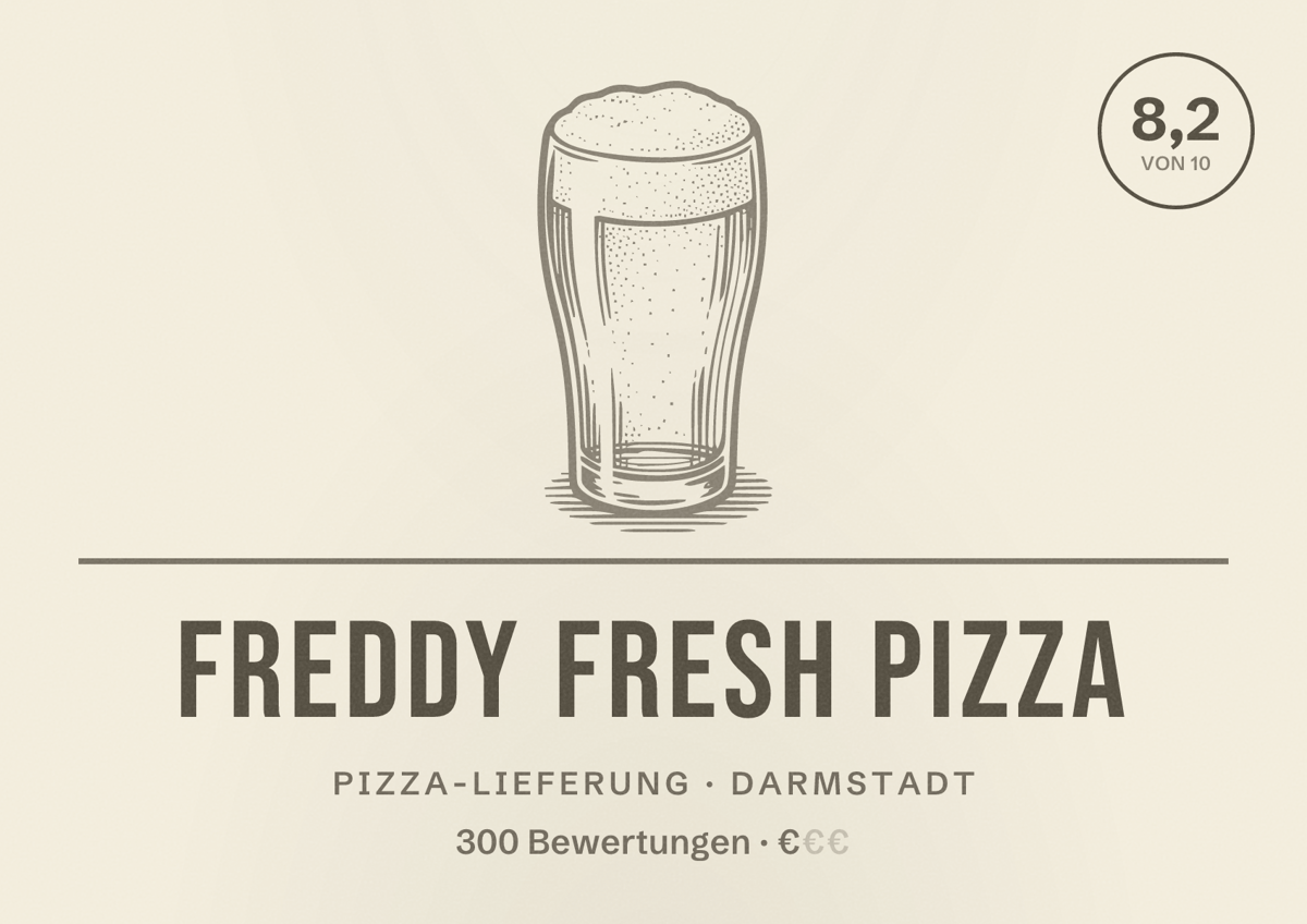 Illustriertes Poster von Freddy Fresh Pizza, Pizza-Lieferung in Darmstadt: Bewertung 8,2 von 10 aus 300 Bewertungen, Preisniveau €