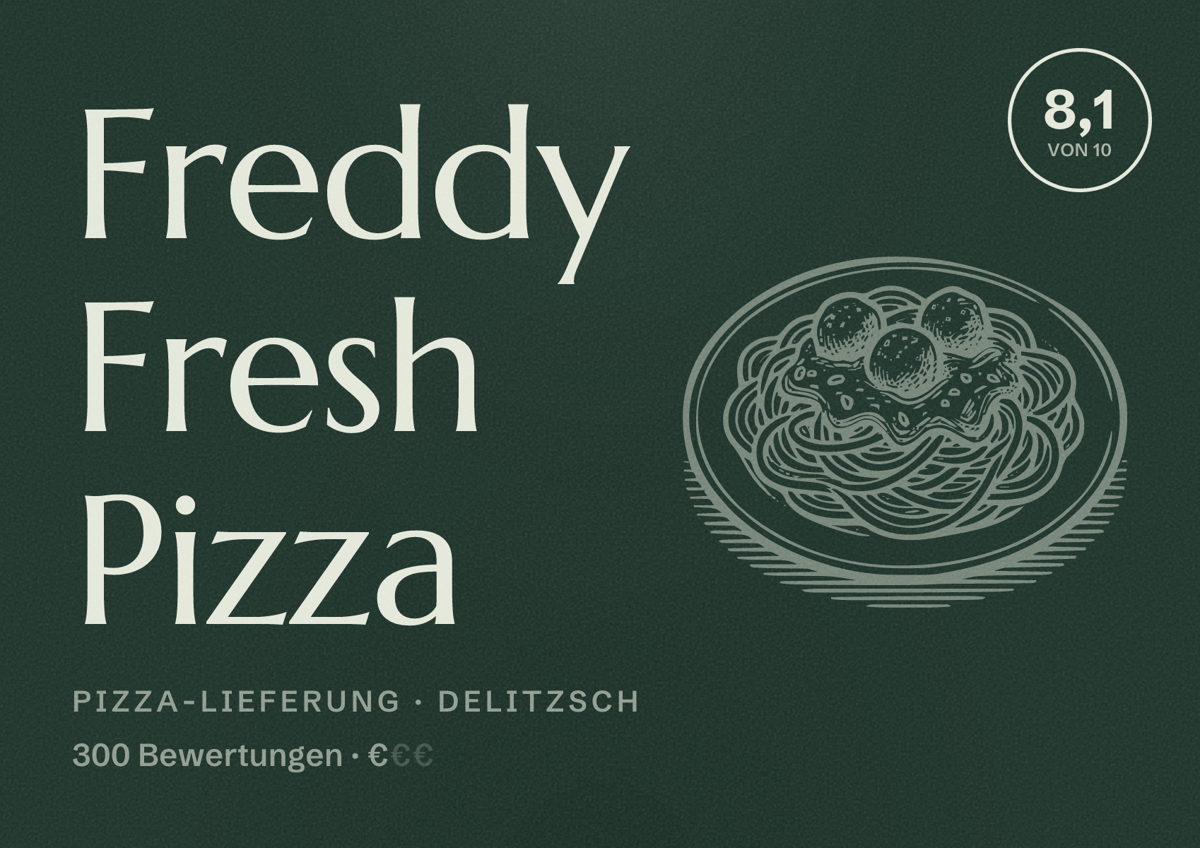 Illustriertes Poster von Freddy Fresh Pizza, Pizza-Lieferung in Delitzsch: Bewertung 8,1 von 10 aus 300 Bewertungen, Preisniveau €