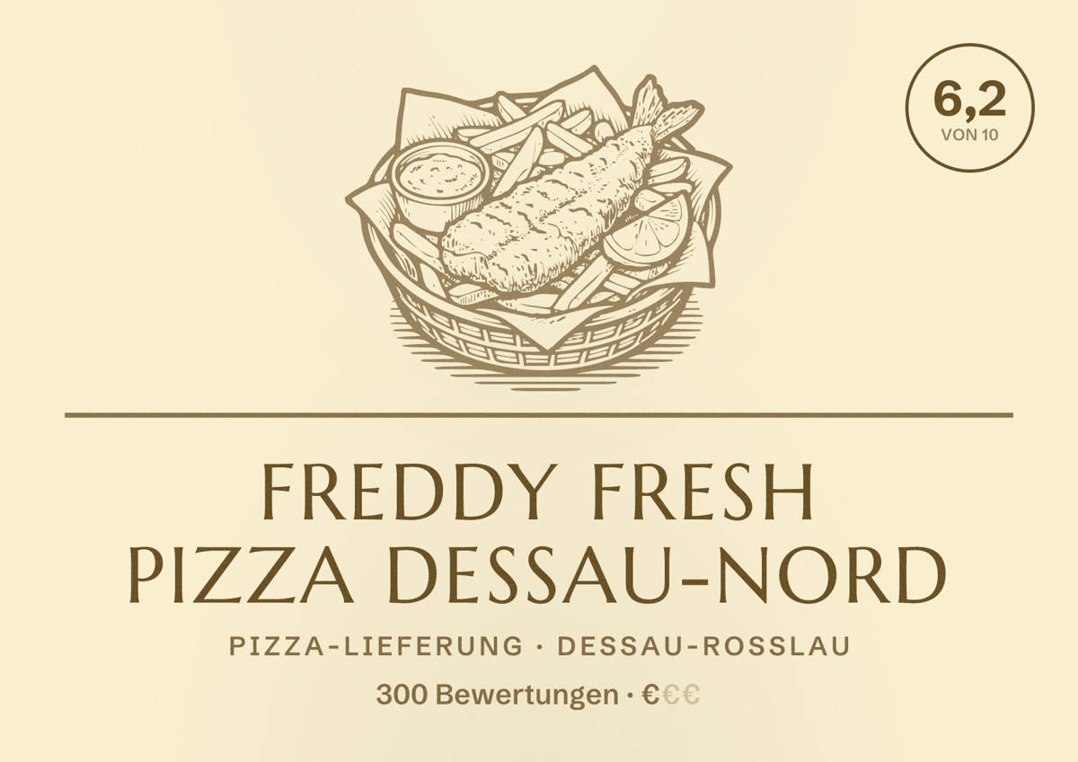 Illustriertes Poster von Freddy Fresh Pizza Dessau-Nord, Pizza-Lieferung in Dessau-Roßlau: Bewertung 6,2 von 10 aus 300 Bewertungen, Preisniveau €