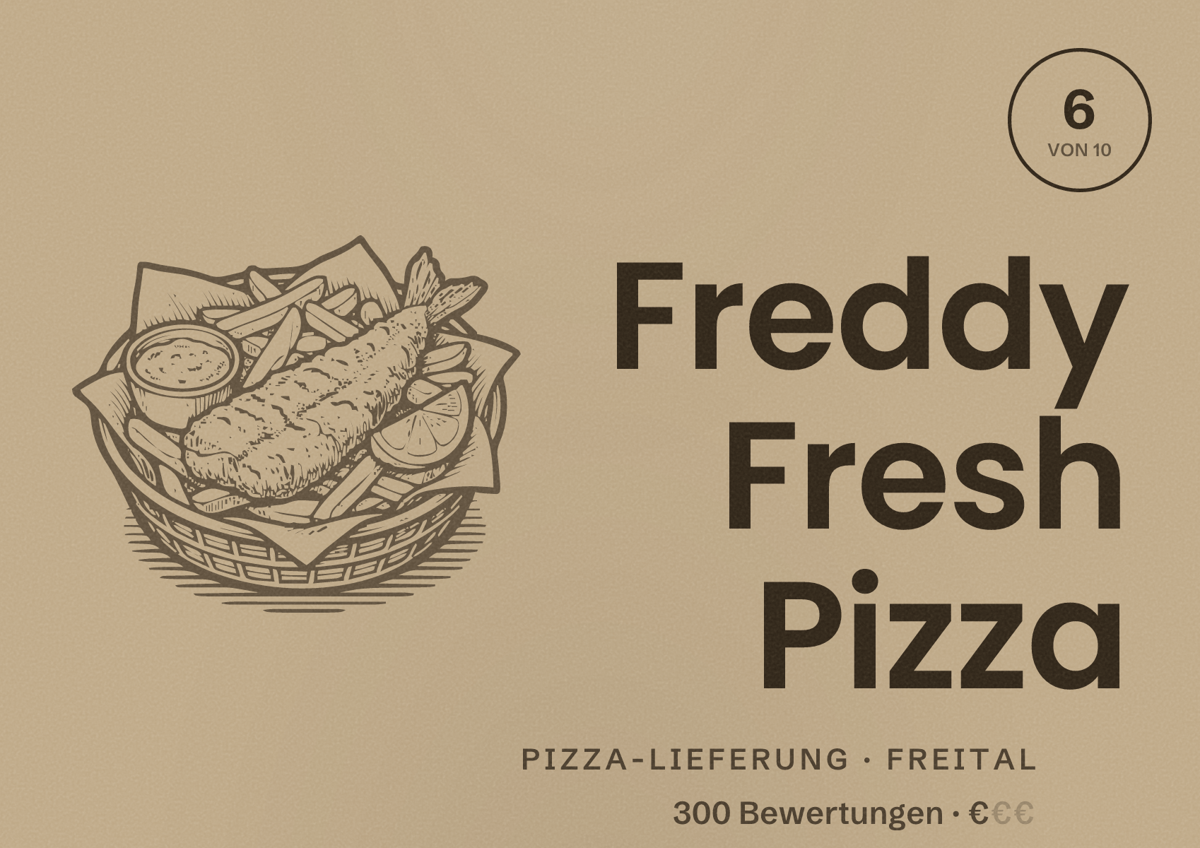 Illustriertes Poster von Freddy Fresh Pizza, Pizza-Lieferung in Freital: Bewertung 6 von 10 aus 300 Bewertungen, Preisniveau €